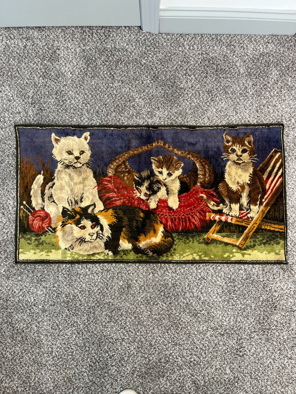 Vintage early 70’s woven cat themed wall tapestry, 19” x 37.5”.
